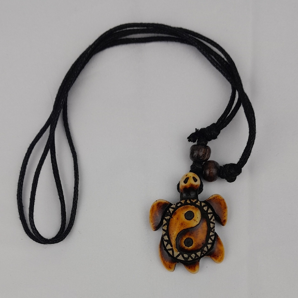 Carved Wooden Island Ying Yang Turtle Necklace